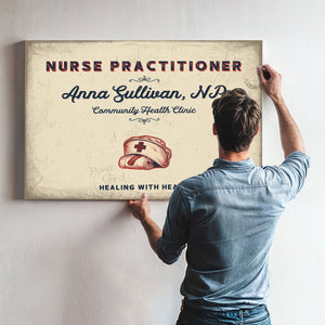 Personalized Nurse Practitioner Sign, Healing With Heart, Cream & Navy, image 9