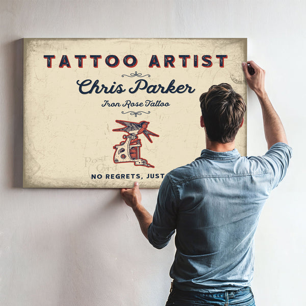 Personalized Tattoo Artist Sign, No Regrets, Just Ink, Cream & Navy, image 9