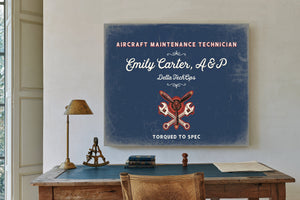 Personalized Aircraft Maintenance Technician Sign, Torqued to Spec, Denim Americana, image 2