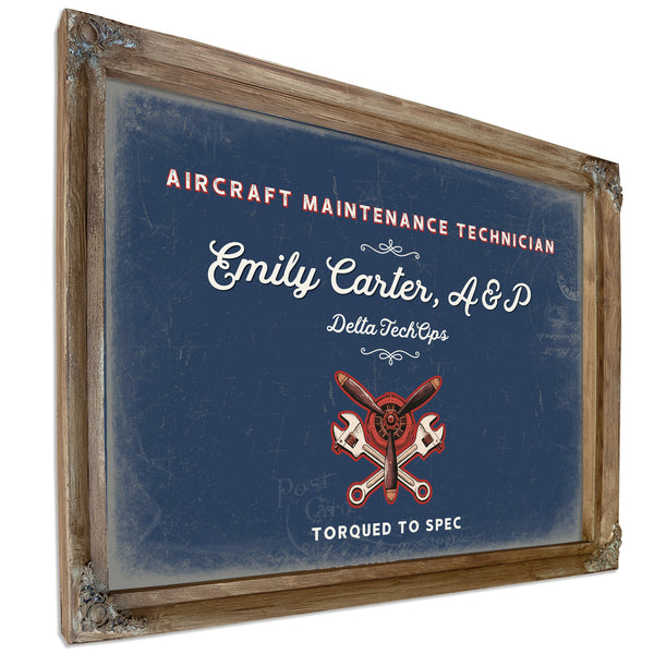 Personalized Aircraft Maintenance Technician Sign, Torqued to Spec, Denim Americana, image 6