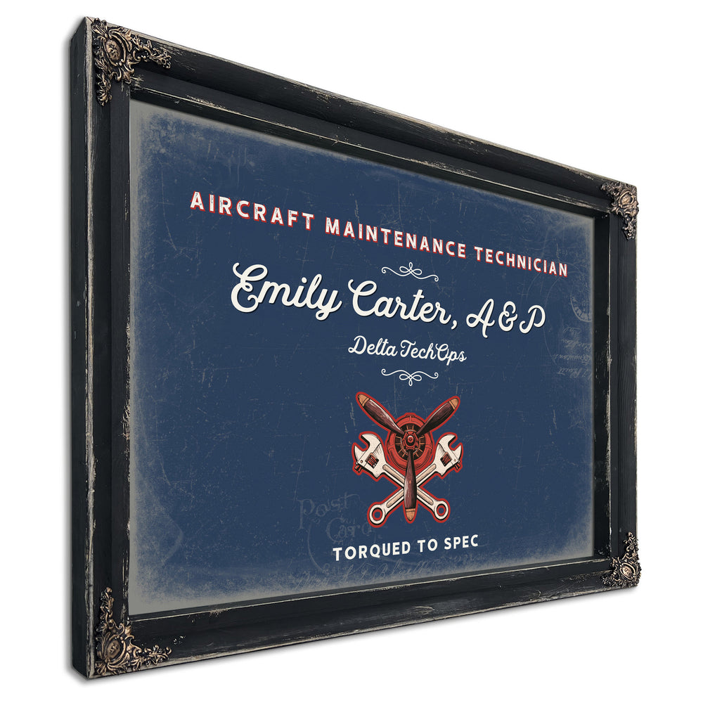 Personalized Aircraft Maintenance Technician Sign, Torqued to Spec, Denim Americana, image 1