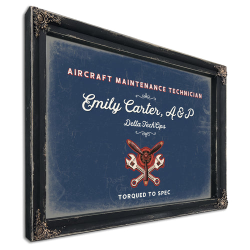 Personalized Aircraft Maintenance Technician Sign, Torqued to Spec, Denim Americana, image 1