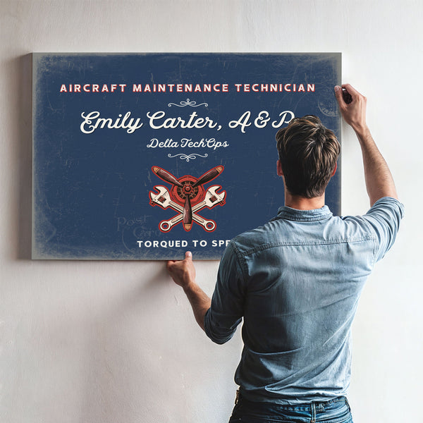 Personalized Aircraft Maintenance Technician Sign, Torqued to Spec, Denim Americana, image 9