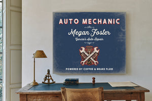 Personalized Auto Mechanic Sign, Powered by Coffee & Brake Fluid, Denim Americana, image 2