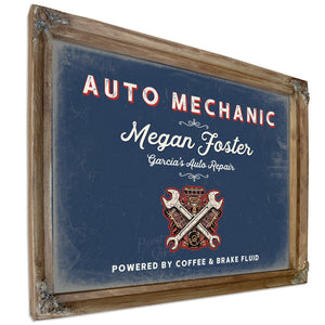 Personalized Auto Mechanic Sign, Powered by Coffee & Brake Fluid, Denim Americana, image 6