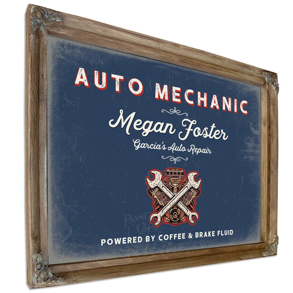Personalized Auto Mechanic Sign, Powered by Coffee & Brake Fluid, Denim Americana, image 6