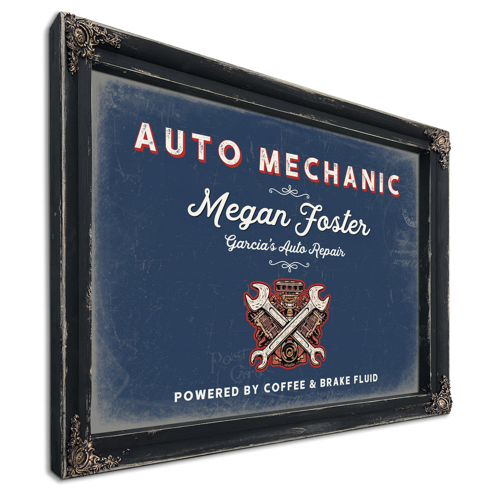 Personalized Auto Mechanic Sign, Powered by Coffee & Brake Fluid, Denim Americana, image 1