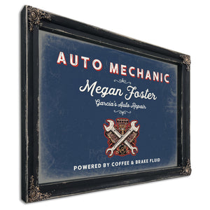 Personalized Auto Mechanic Sign, Powered by Coffee & Brake Fluid, Denim Americana, image 1