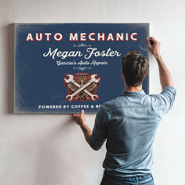 Personalized Auto Mechanic Sign, Powered by Coffee & Brake Fluid, Denim Americana, image 9