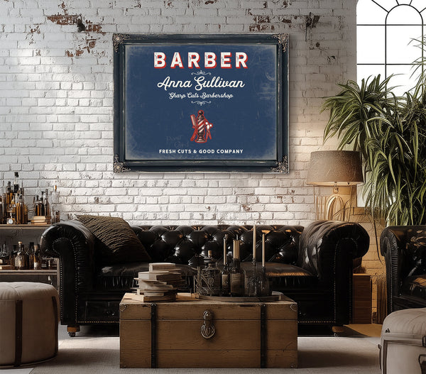 Personalized Barber Sign, Fresh Cuts & Good Company, Denim Americana, image 18