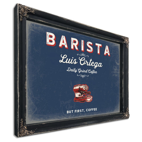 Personalized Barista Sign, But First, Coffee, Denim Americana, image 1