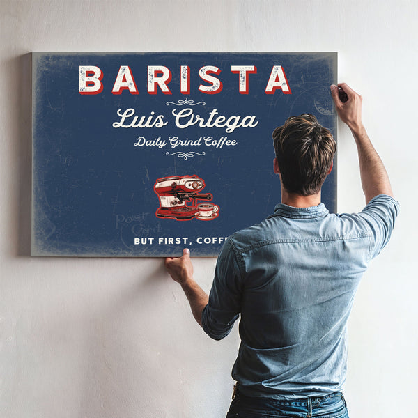 Personalized Barista Sign, But First, Coffee, Denim Americana, image 9