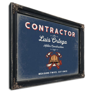 Personalized Contractor Sign, Measure Twice, Cut Once, Denim Americana, image 1
