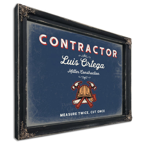 Personalized Contractor Sign, Measure Twice, Cut Once, Denim Americana, image 1