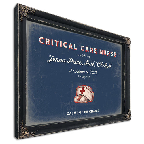 Personalized Critical Care Nurse Sign, Calm in the Chaos, Denim Americana, image 1