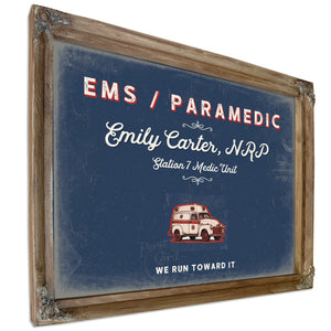 Personalized Paramedic Sign, We Run Toward It, Denim Americana, image 6