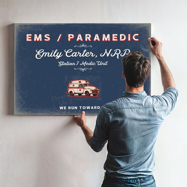 Personalized Paramedic Sign, We Run Toward It, Denim Americana, image 9
