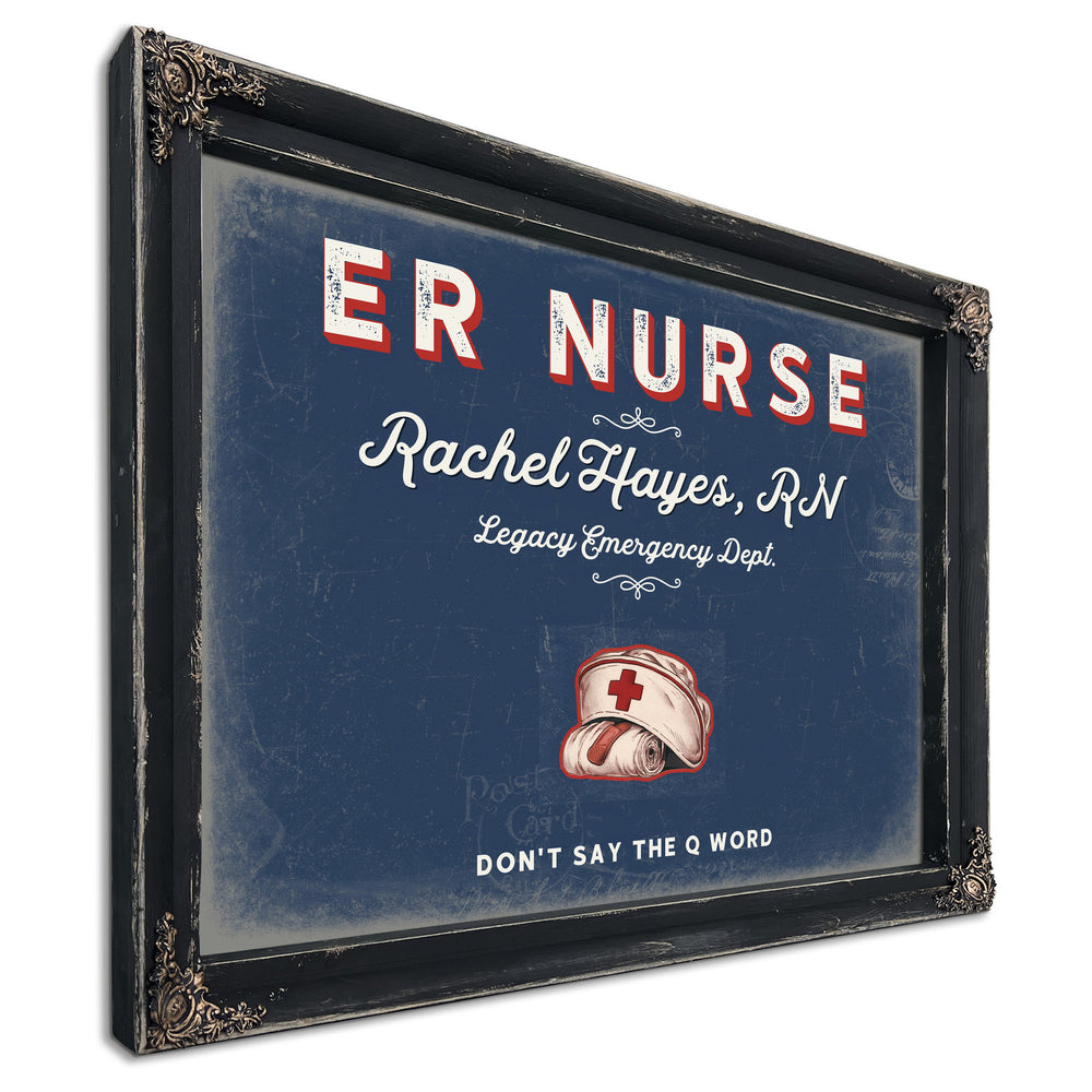 Personalized ER Nurse Sign, Don't Say the Q Word, Denim Americana, image 1