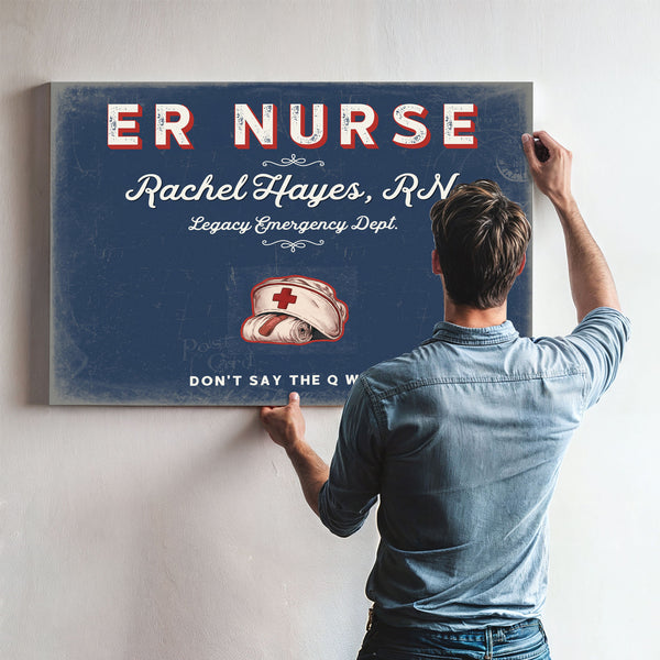 Personalized ER Nurse Sign, Don't Say the Q Word, Denim Americana, image 9