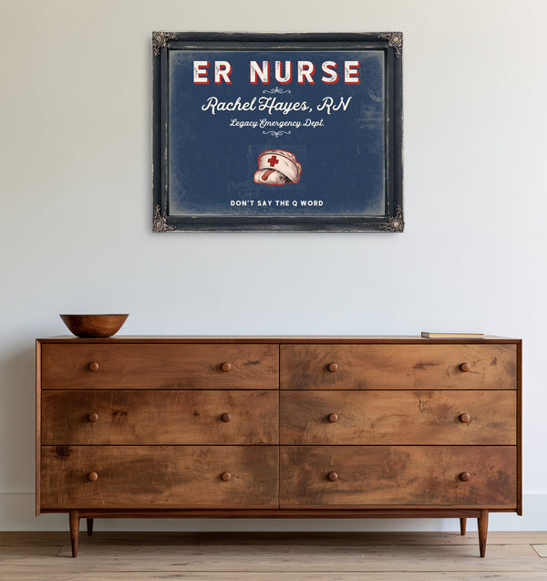 Personalized ER Nurse Sign, Don't Say the Q Word, Denim Americana, image 19