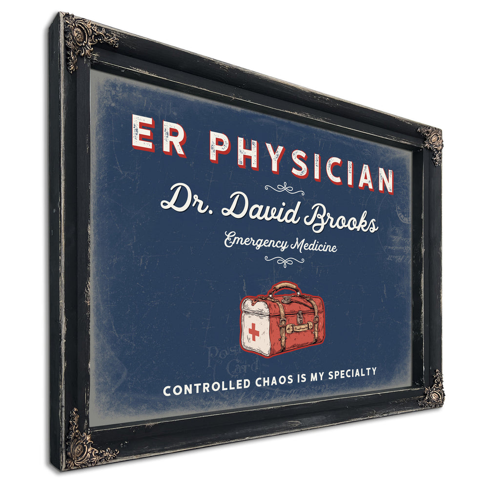 Personalized ER Physician Sign, Controlled Chaos Is My Specialty, Denim Americana, image 1