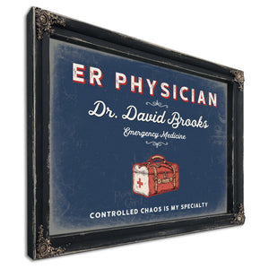Personalized ER Physician Sign, Controlled Chaos Is My Specialty, Denim Americana, image 1