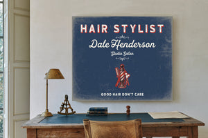 Personalized Hair Stylist Sign, Good Hair Don't Care, Denim Americana, image 2