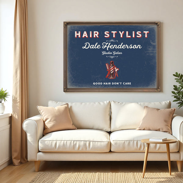 Personalized Hair Stylist Sign, Good Hair Don't Care, Denim Americana, image 5