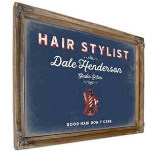Personalized Hair Stylist Sign, Good Hair Don't Care, Denim Americana, image 6