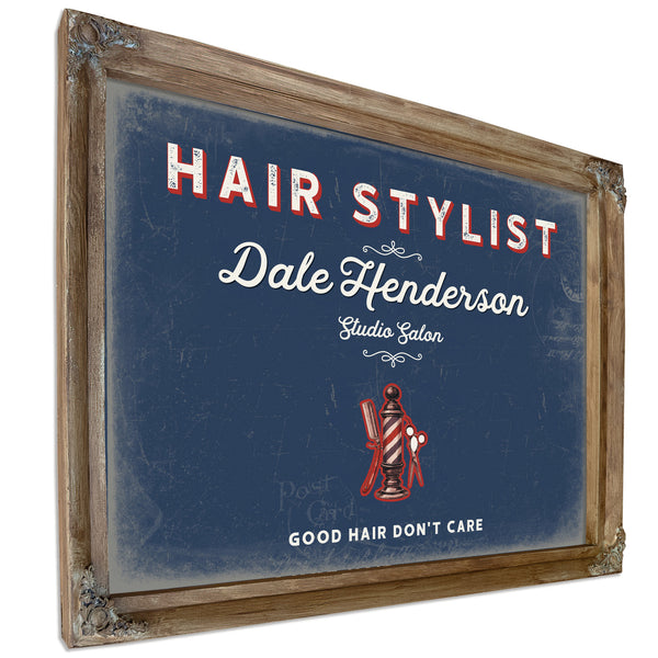Personalized Hair Stylist Sign, Good Hair Don't Care, Denim Americana, image 6