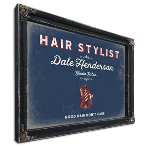 Personalized Hair Stylist Sign, Good Hair Don't Care, Denim Americana, image 1