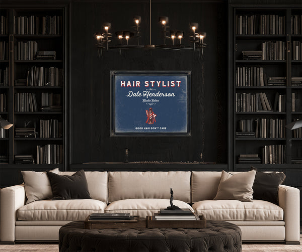 Personalized Hair Stylist Sign, Good Hair Don't Care, Denim Americana, image 16