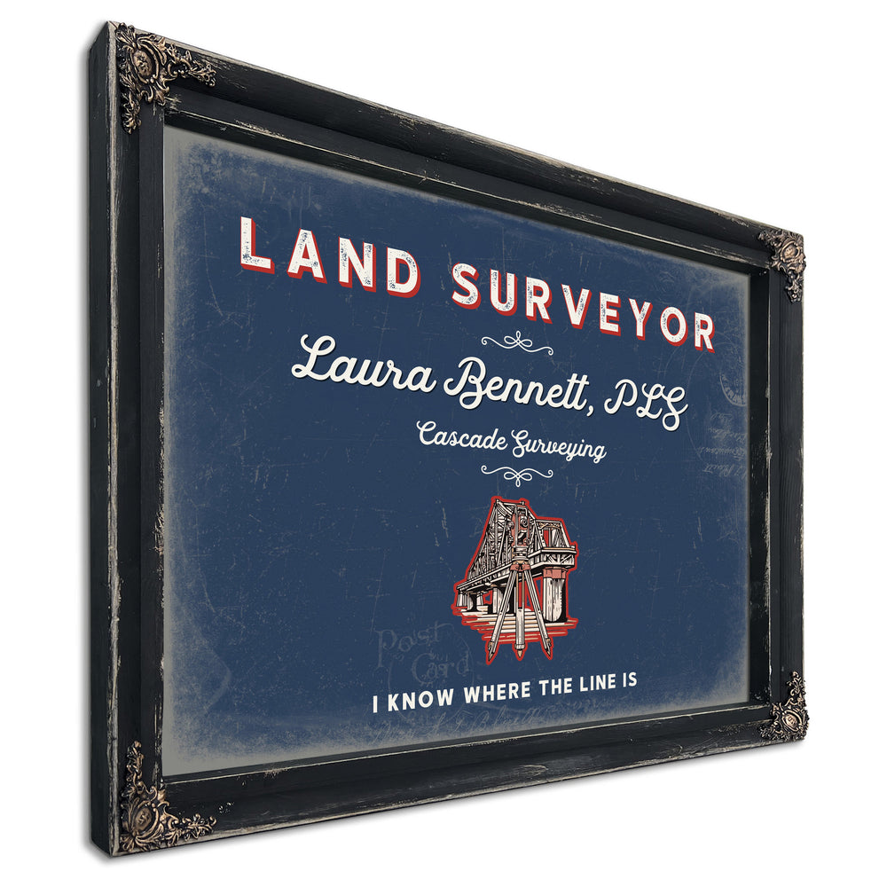 Personalized Land Surveyor Sign, I Know Where the Line Is, Denim Americana, image 1