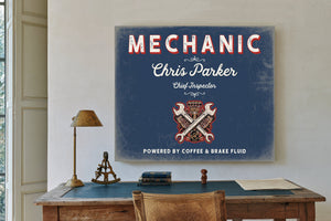 Personalized Mechanic Sign, Powered by Coffee & Brake Fluid, Denim Americana, image 2
