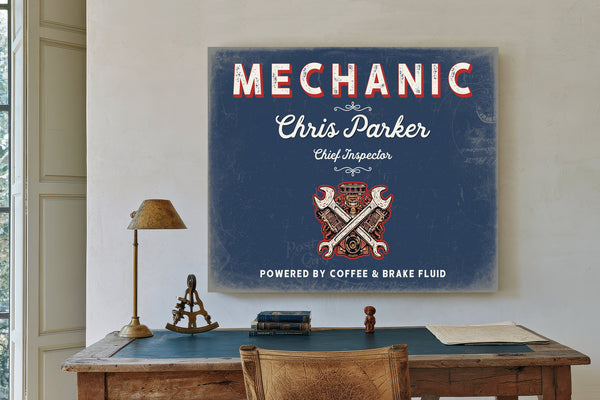 Personalized Mechanic Sign, Powered by Coffee & Brake Fluid, Denim Americana, image 2