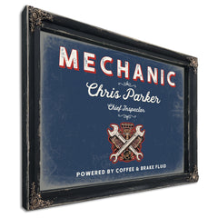 Personalized Mechanic Sign, Powered by Coffee & Brake Fluid, Denim Americana, image 1