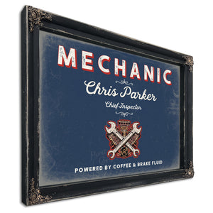 Personalized Mechanic Sign, Powered by Coffee & Brake Fluid, Denim Americana, image 1