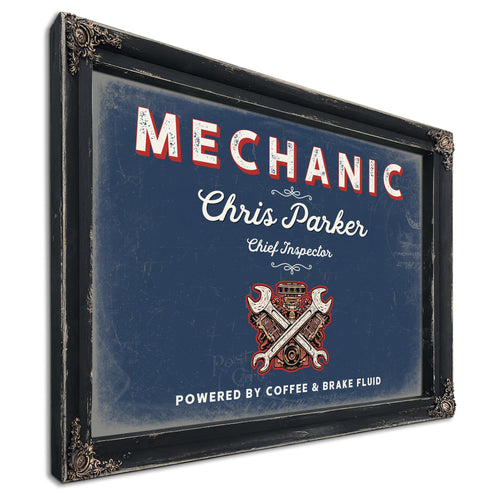 Personalized Mechanic Sign, Powered by Coffee & Brake Fluid, Denim Americana, image 1