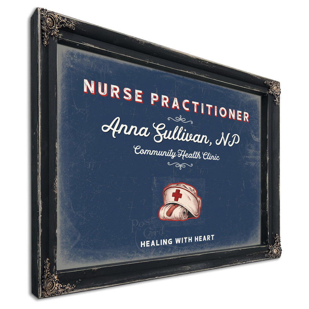 Personalized Nurse Practitioner Sign, Healing With Heart, Denim Americana, image 1