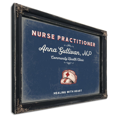 Personalized Nurse Practitioner Sign, Healing With Heart, Denim Americana, image 1