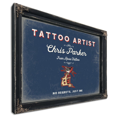 Personalized Tattoo Artist Sign, No Regrets, Just Ink, Denim Americana, image 1