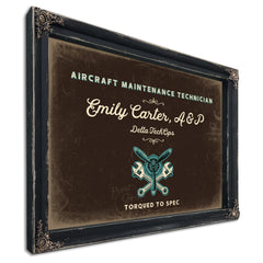 Personalized Aircraft Maintenance Technician Sign, Torqued to Spec, Espresso & Turquoise, image 1