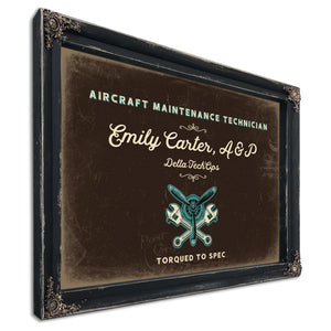 Personalized Aircraft Maintenance Technician Sign, Torqued to Spec, Espresso & Turquoise, image 1