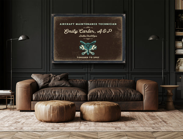 Personalized Aircraft Maintenance Technician Sign, Torqued to Spec, Espresso & Turquoise, image 17