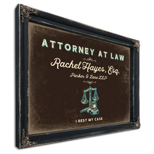 Personalized Attorney at Law Sign, I Rest My Case, Espresso & Turquoise, image 1