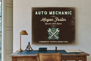 Personalized Auto Mechanic Sign, Powered by Coffee & Brake Fluid, Espresso & Turquoise, image 2