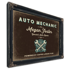 Personalized Auto Mechanic Sign, Powered by Coffee & Brake Fluid, Espresso & Turquoise, image 1