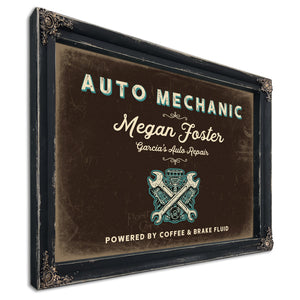 Personalized Auto Mechanic Sign, Powered by Coffee & Brake Fluid, Espresso & Turquoise, image 1