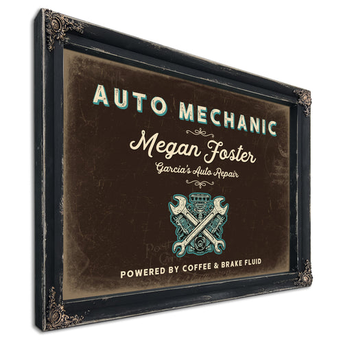 Personalized Auto Mechanic Sign, Powered by Coffee & Brake Fluid, Espresso & Turquoise, image 1