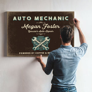 Personalized Auto Mechanic Sign, Powered by Coffee & Brake Fluid, Espresso & Turquoise, image 9